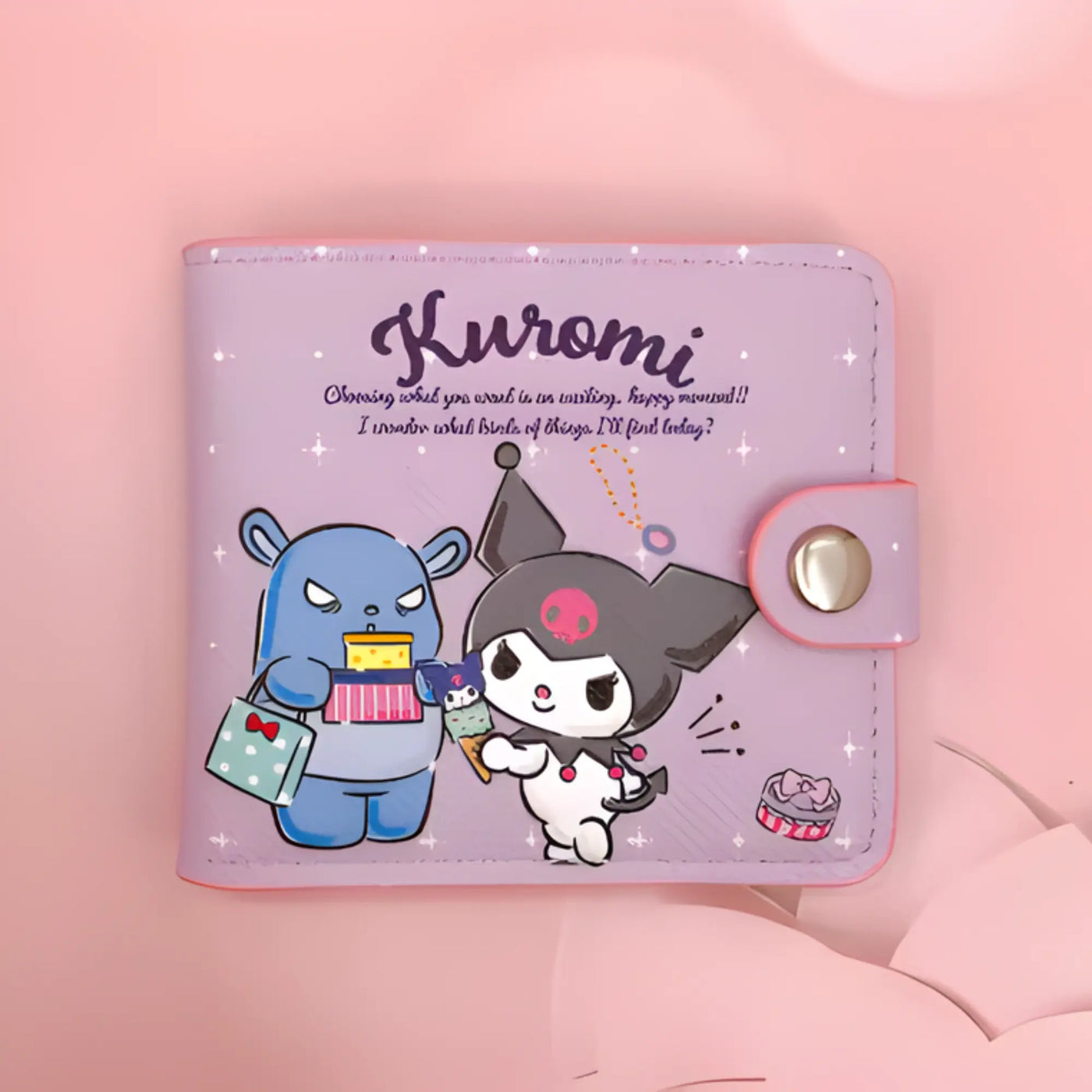 Portefeuille Hello Kitty Kuromi violet pastel cuir souple bordure rose