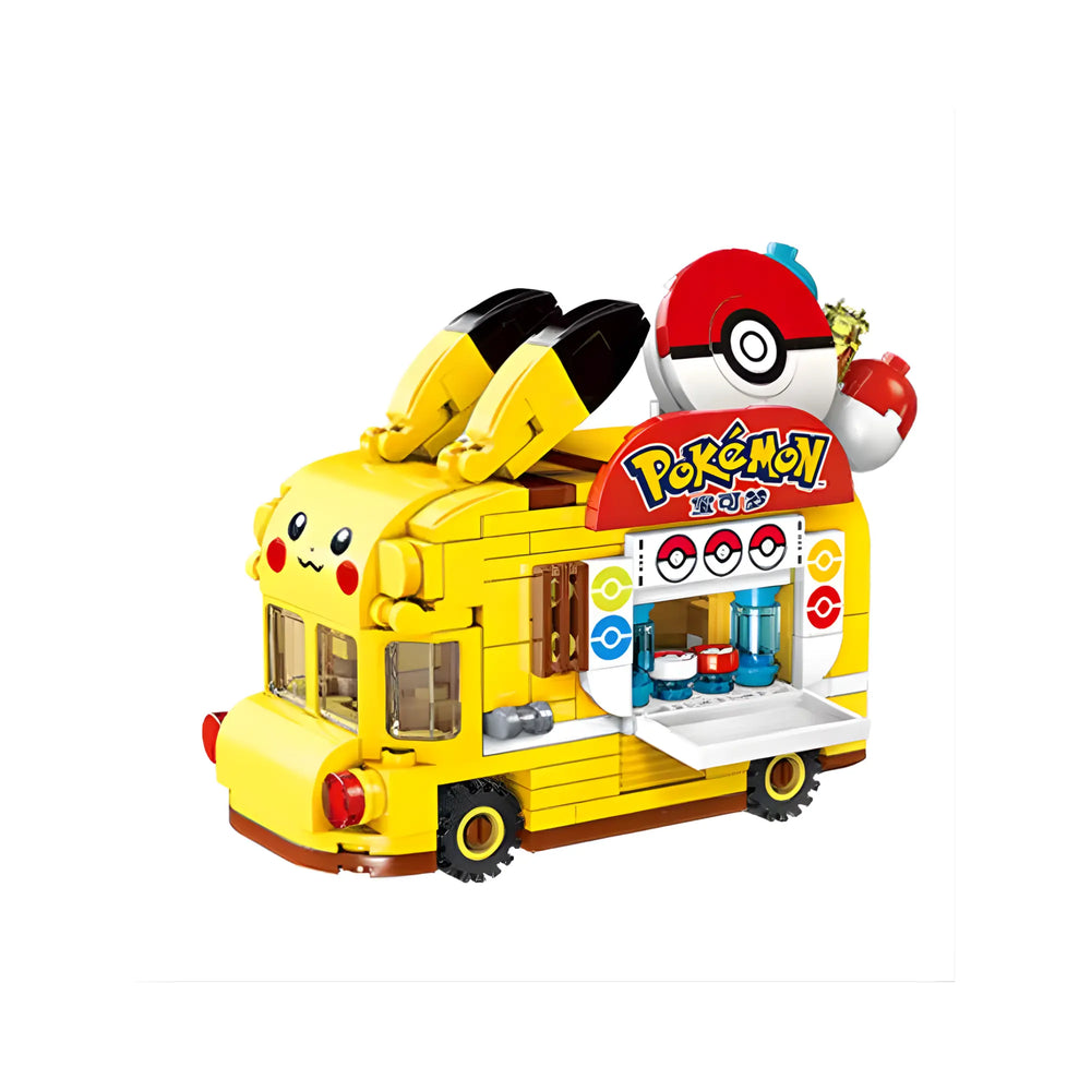 Food truck Lego Pikachu jaune avec déco Poké Ball rouge et blanc