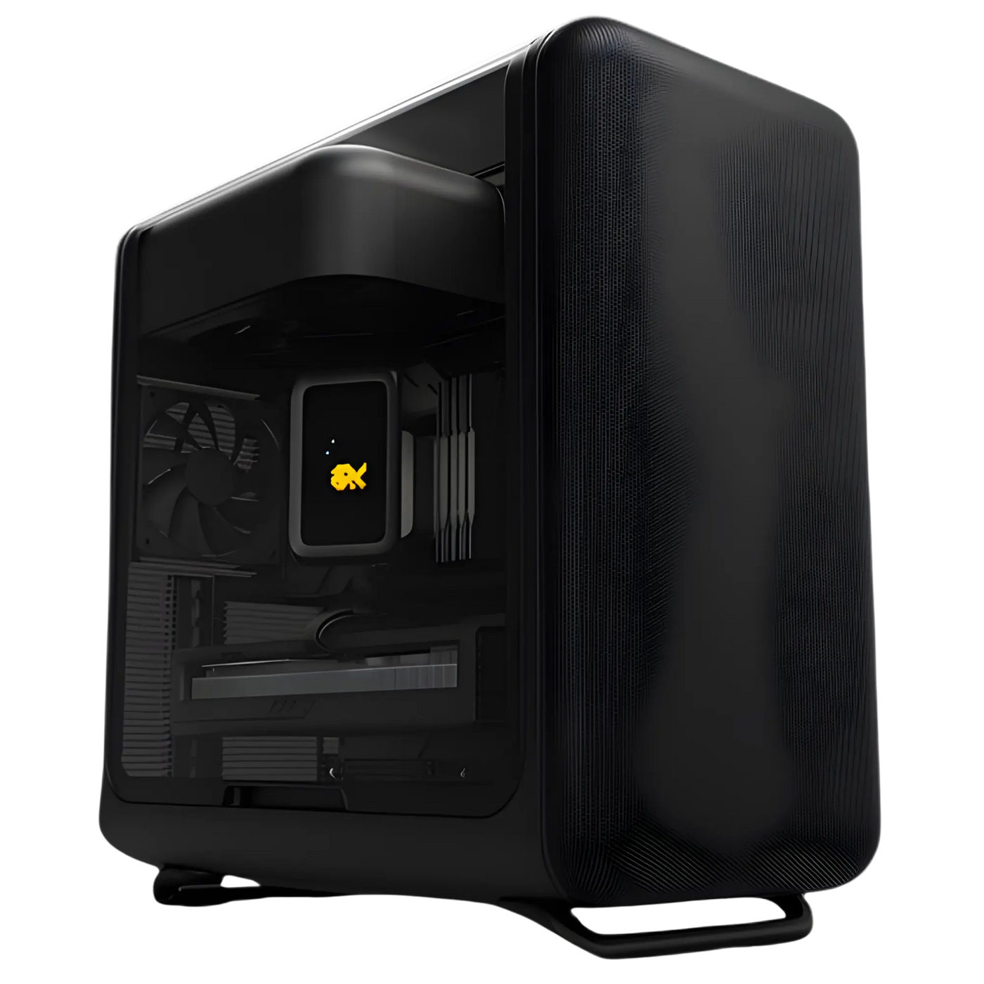 PC Gamer HYTE X50 Noir avec panneau texturé, fenêtre transparente et LED poisson jaune