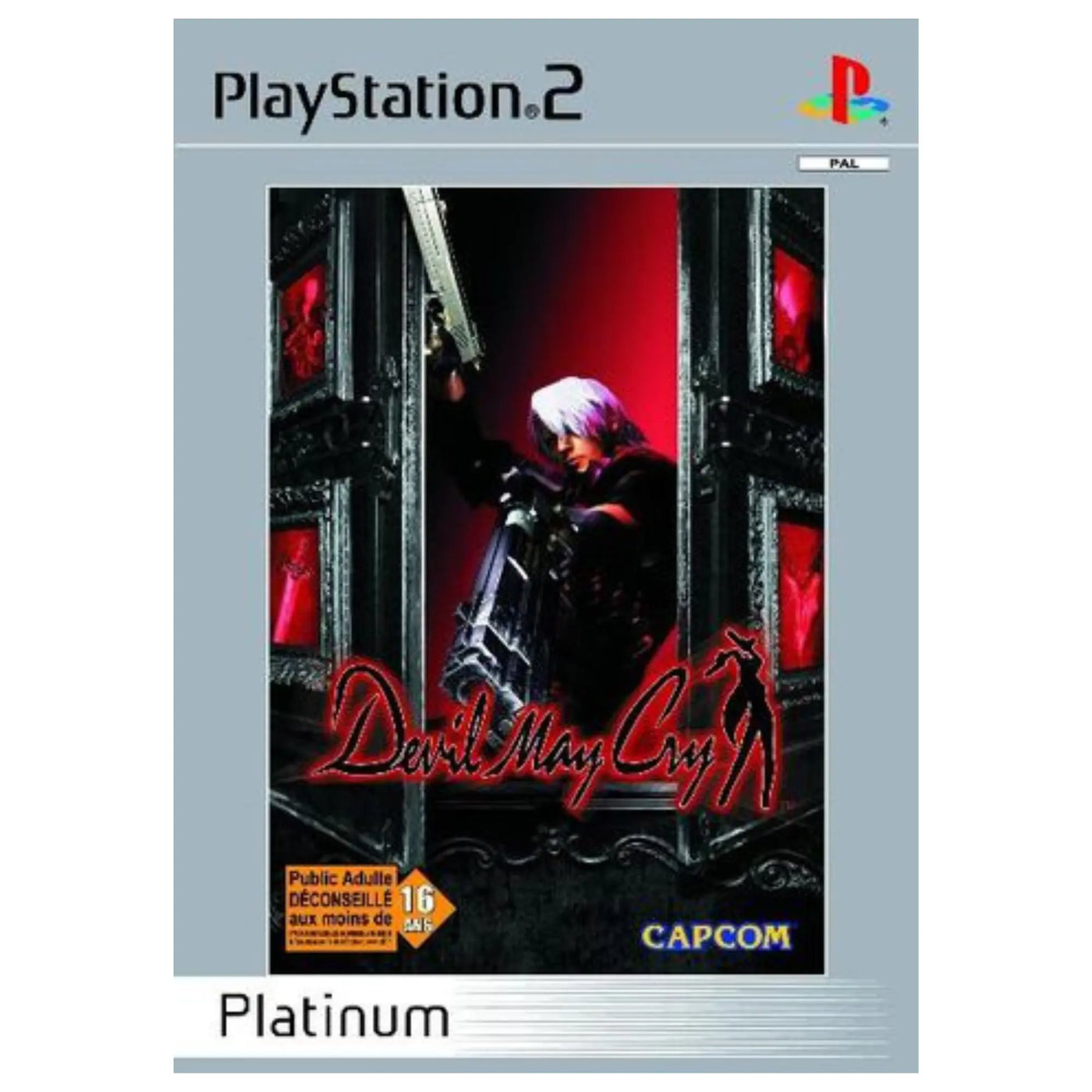 Édition Platinum Devil May Cry PS2, couv. noir rouge Dante pistolet portes ornées