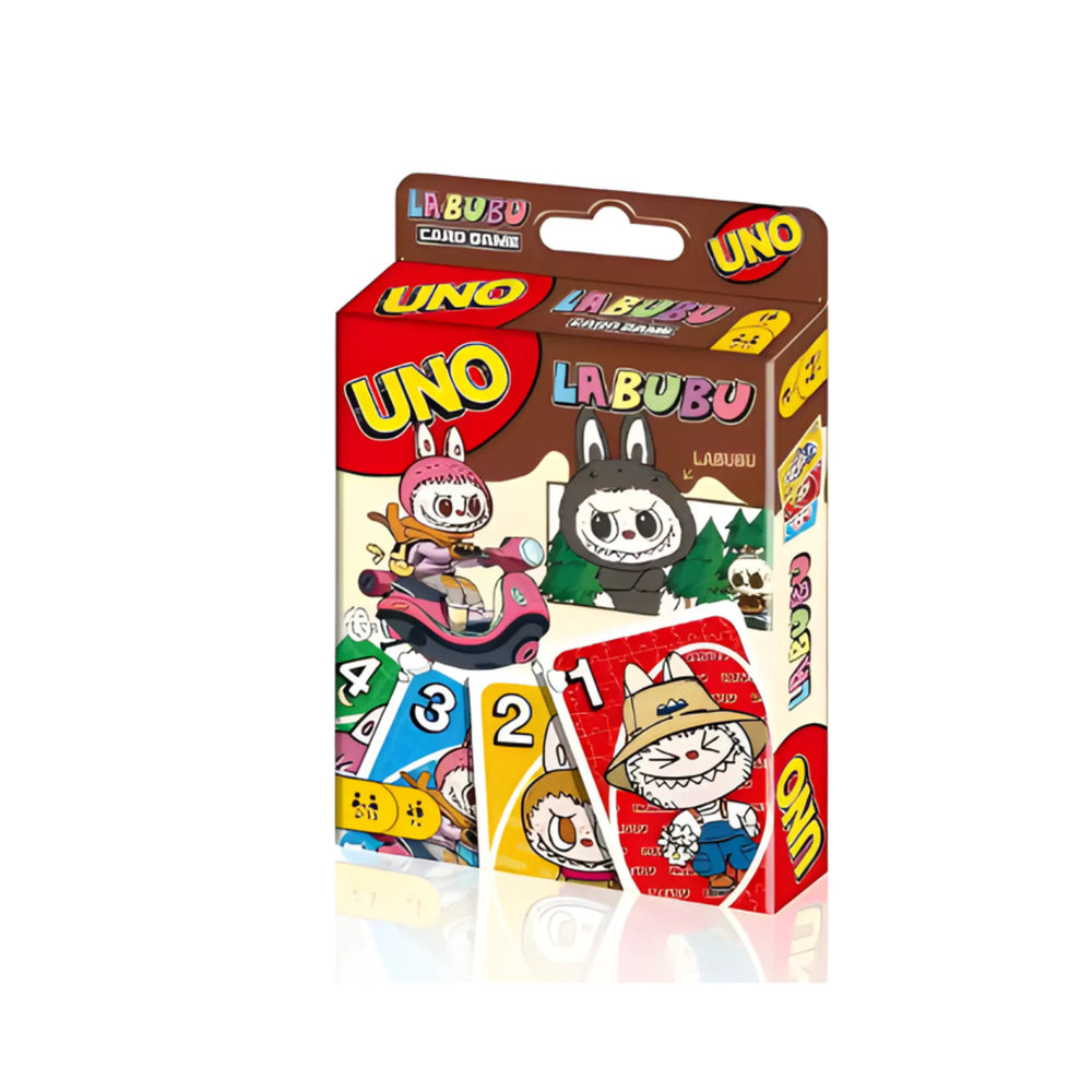 Uno Édition Spéciale Labubu avec personnages cartoon en boîte colorée rouge et marron