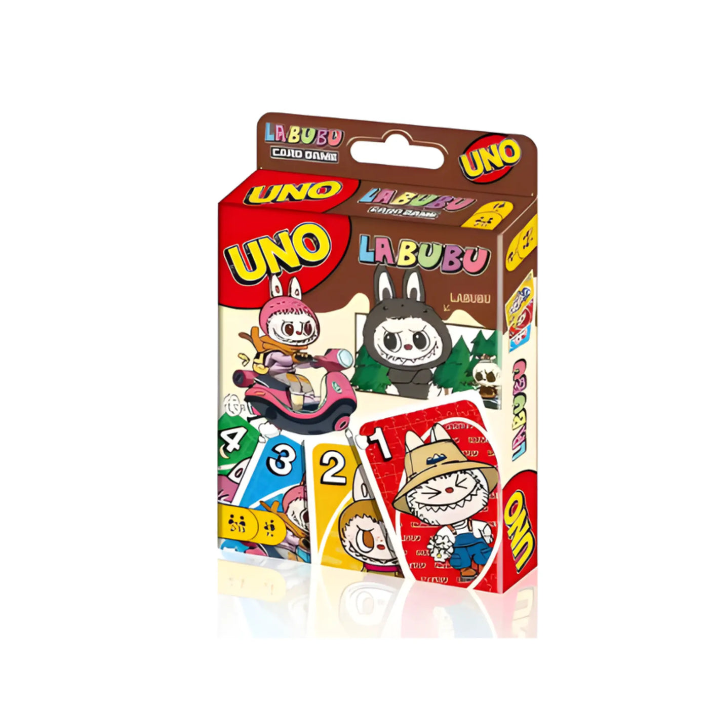 Uno Édition Spéciale Labubu avec personnages cartoon en boîte colorée rouge et marron