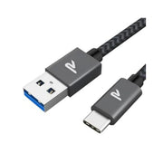 Câble USB vers USB-C noir tressé avec connecteurs gris logo p stylisé
