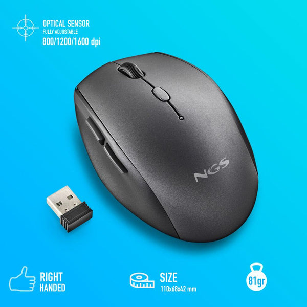 Souris sans fil ergonomique NGS Bee noire avec nano récepteur USB, vue de trois quarts