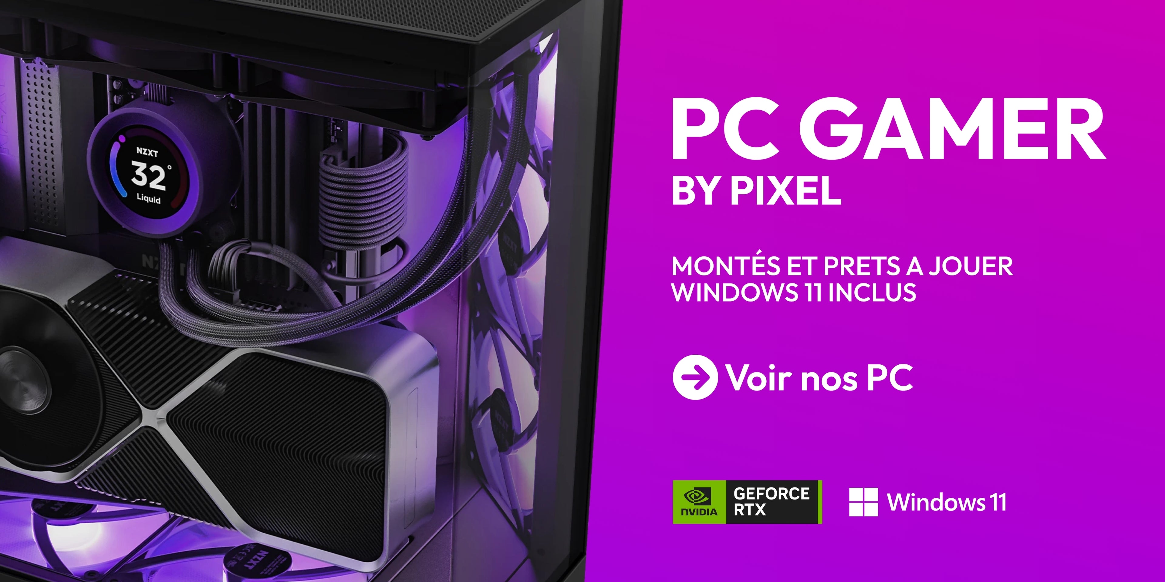 PC de jeu noir et argent avec une carte graphique GeForce RTX, éclairage LED violet et un affichage de température circulaire. Image