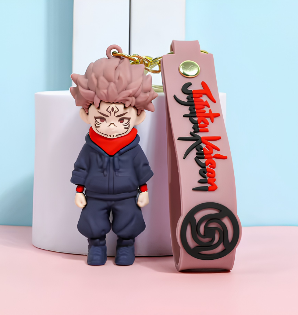 Porte clés Jujutsu Kaisen Sukuna, sweat bleu marine, écharpe rouge