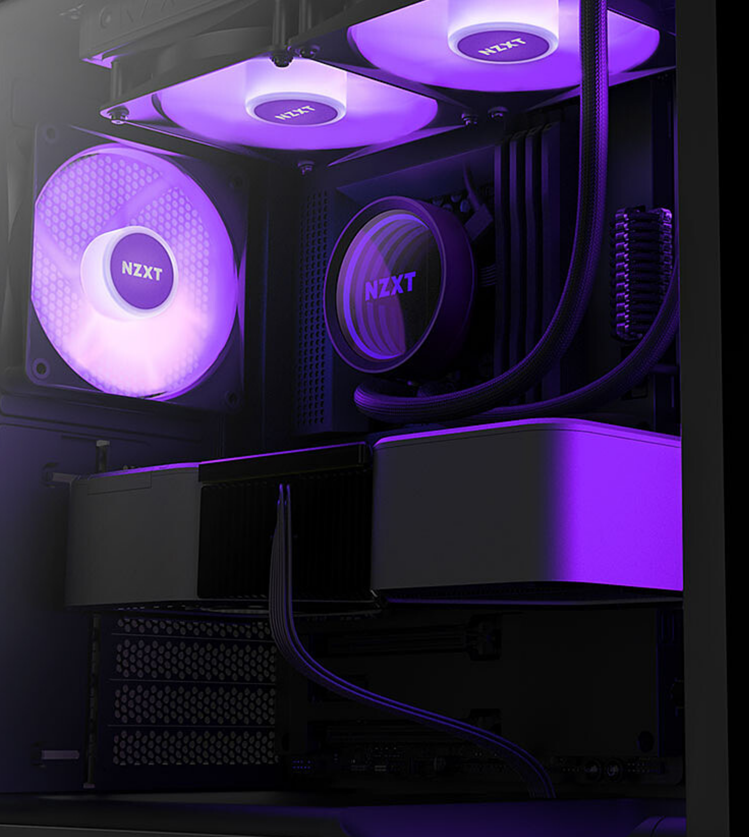 Ventilateurs de boîtier d'ordinateur de marque NZXT éclairés en violet avec des pales translucides et des logos circulaires.