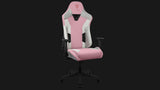 Fauteuil gaming ThunderX3 TC3 MAX blanc et rose, vue de trois quarts avec accoudoirs réglables