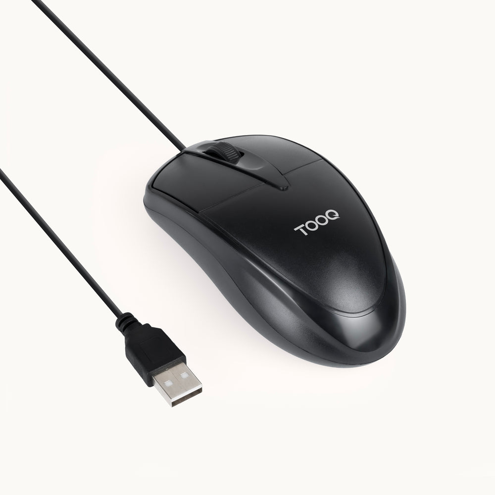 Souris filaire TooQ TQM-1001-B noire avec câble USB, vue de trois quarts