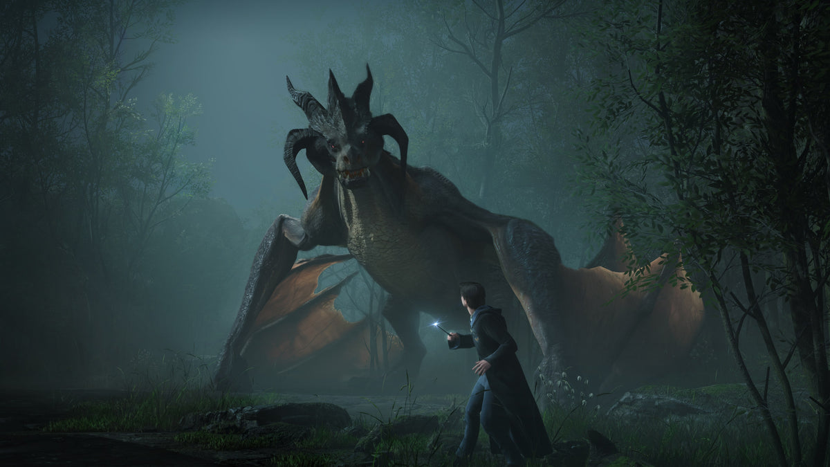 Un sorcier affronte un dragon en forêt dans Hogwarts Legacy sur PlayStation 5