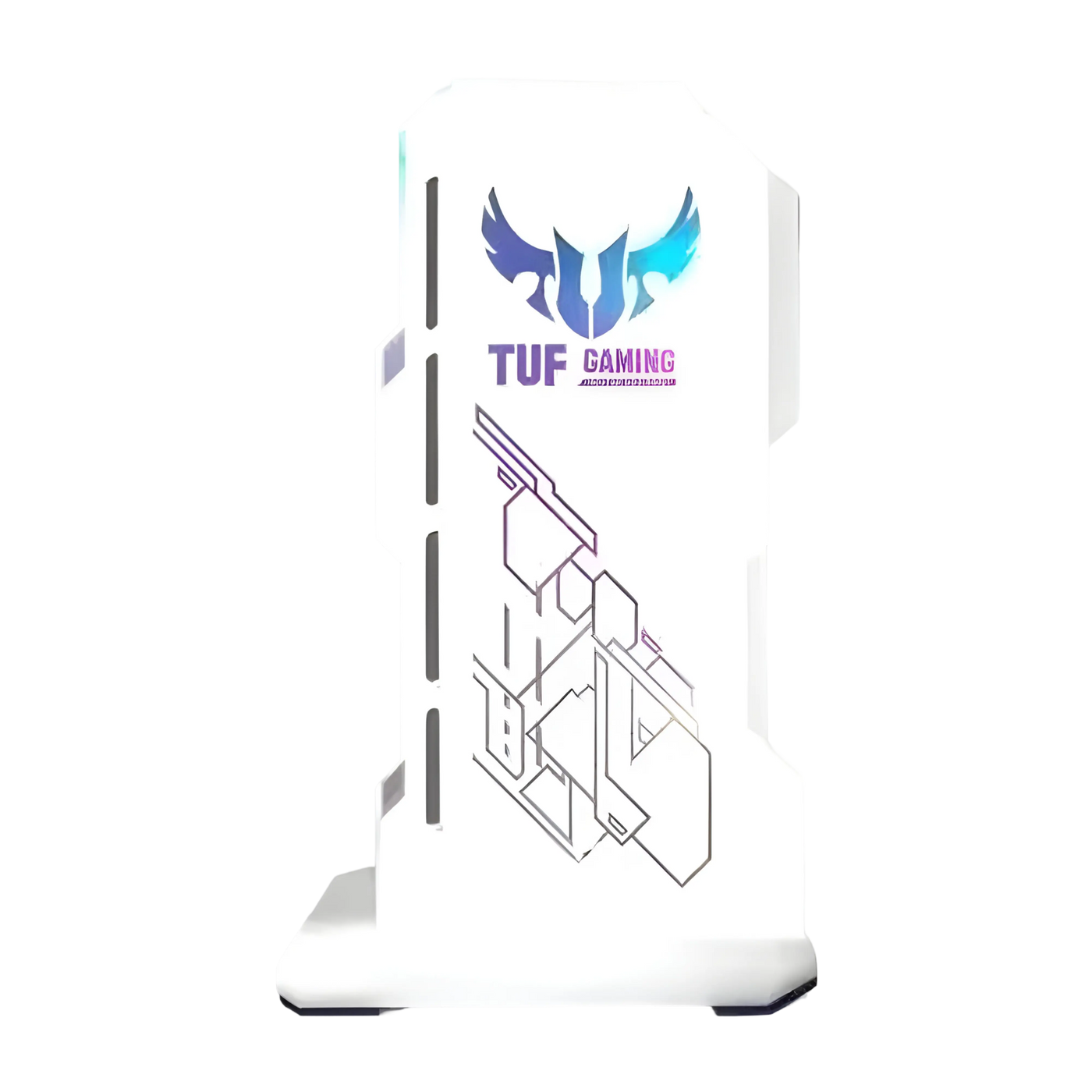 Tour ASUS TUF Gaming blanc avec logo bleu-violet luminescent
