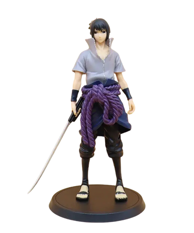 Figurine Naruto Shippûden Sasuke Uchiha 01 en chemise grise et pantalon bleu foncé
