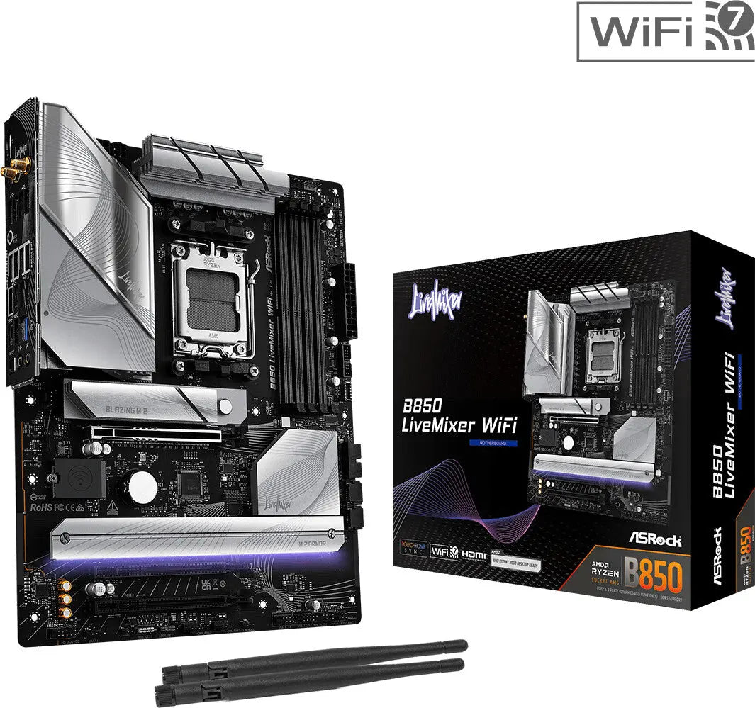 Carte mère ASRock B860 LiveMixer WiFi Core Ultra, design argent/noir LED violet