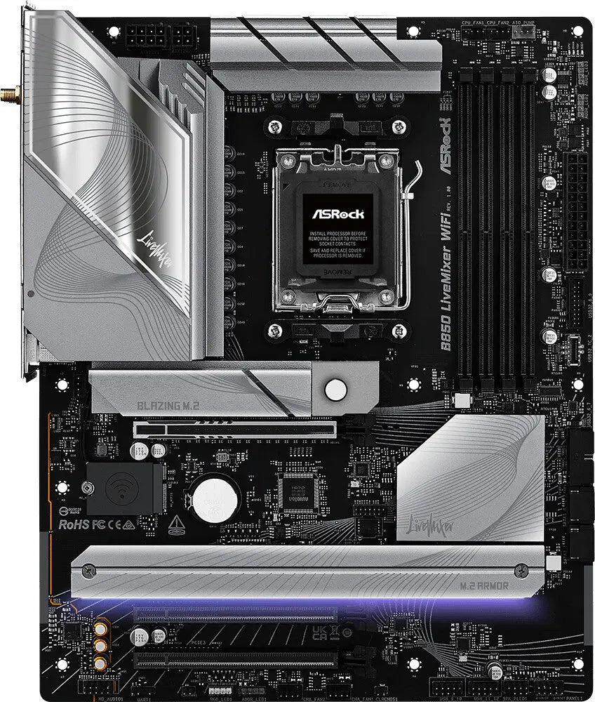 Carte mère ASRock B860 LiveMixer WiFi argent et noir design angulaire