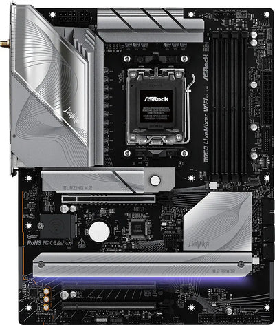 Carte mère ASRock B860 LiveMixer WiFi argent et noir design angulaire