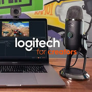 Micro-condenseur noir Logitech StreamCam avec grille métallique et accents argentés