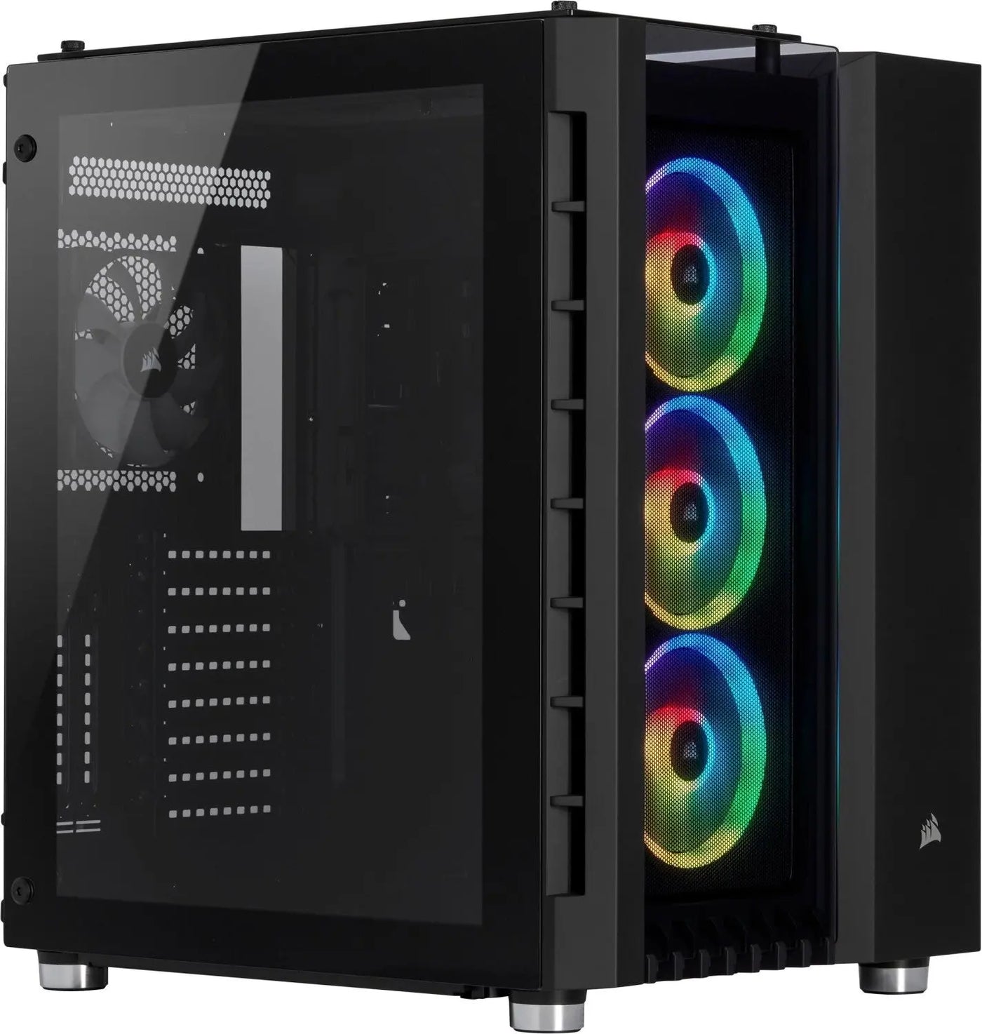 Boîtier PC Corsair Crystal 680X RGB Noir avec panneau latéral transparent et 3 ventilateurs RGB empilés verticalement