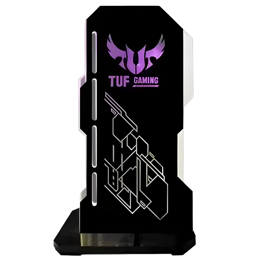 Tour ASUS TUF Gaming noir avec logo violet illuminé et accents géométriques blancs