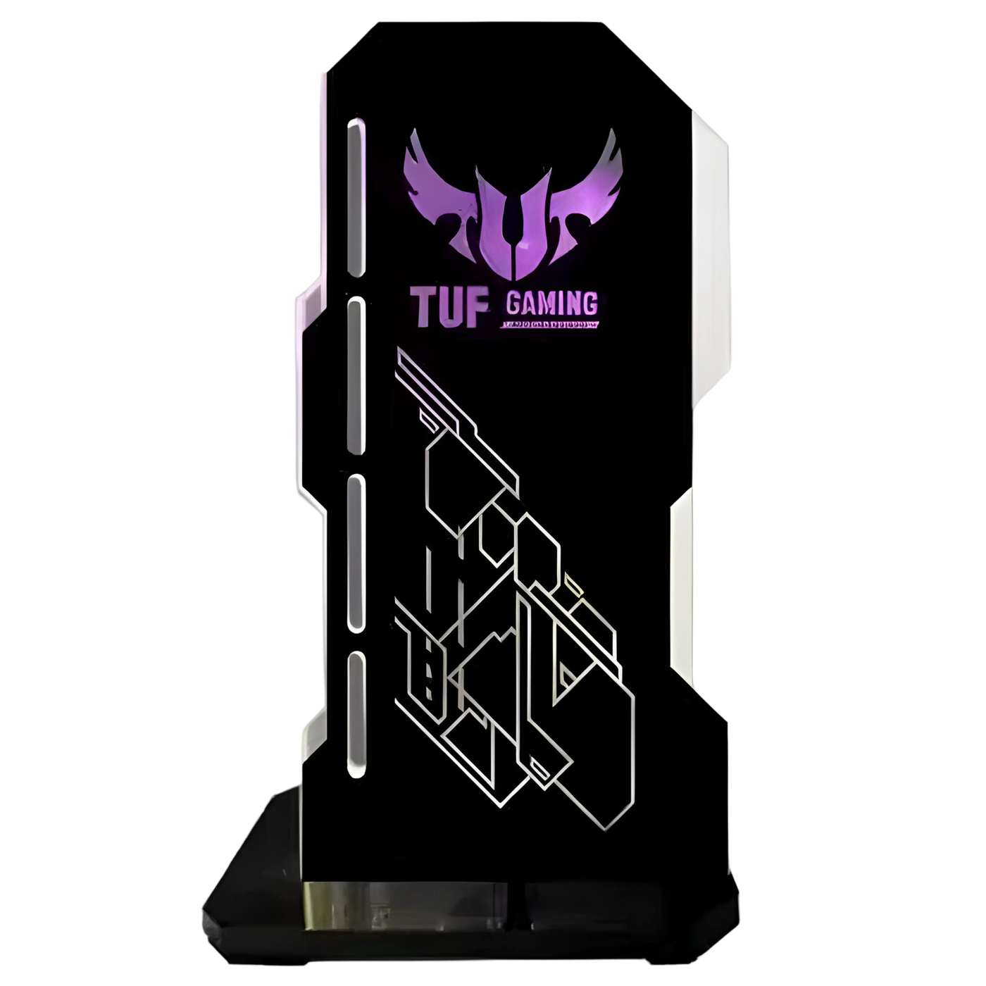 Tour ASUS TUF Gaming noir avec logo violet illuminé et accents géométriques blancs