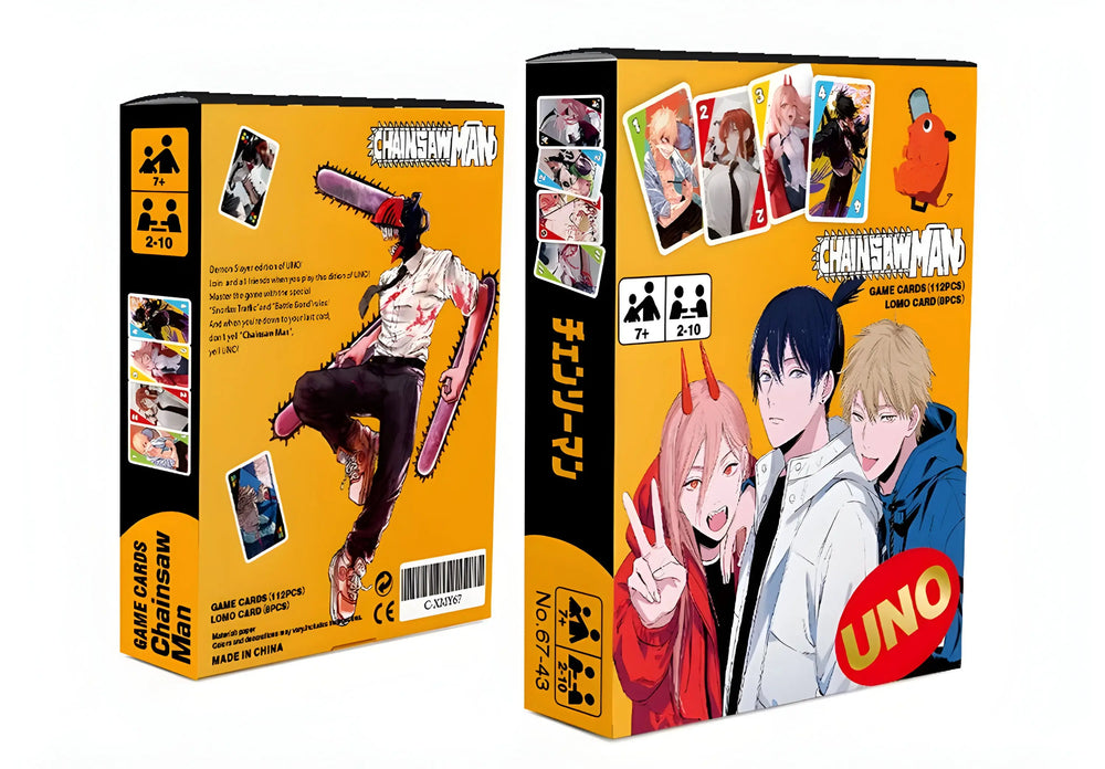 Boîte Uno Édition Spéciale Chainsaw Man orange et noire avec personnages anime