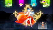 Danseuse stylisée luminescente avec cape orange et coiffe bleue sur fond cosmique, Just Dance 2015 Wii