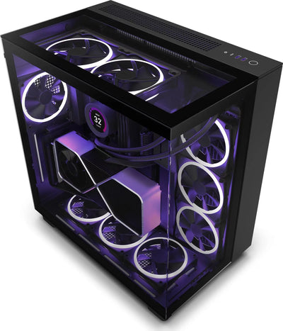 NZXT H9 Elite Noir : boîtier PC noir verre teinté LED violet fans GPU haut de gamme