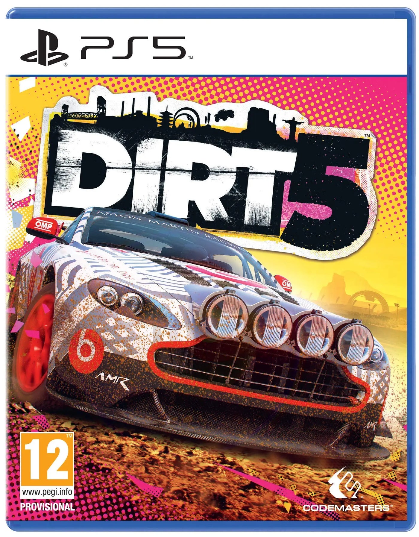 Voiture Aston Martin argent et noir avec accents rouges, design off-road, DIRT 5 PS5