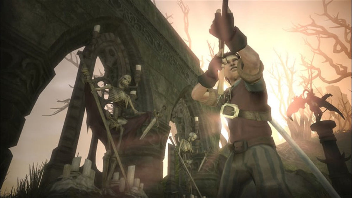 Un héros lève son épée près des tombes dans Fable II: Game of the Year Edition sur Xbox 360