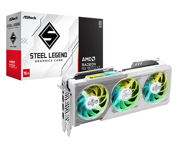 Carte graphique ASRock Radeon RX 9070 XT Steel Legend 16 Go blanche, triple ventilateur