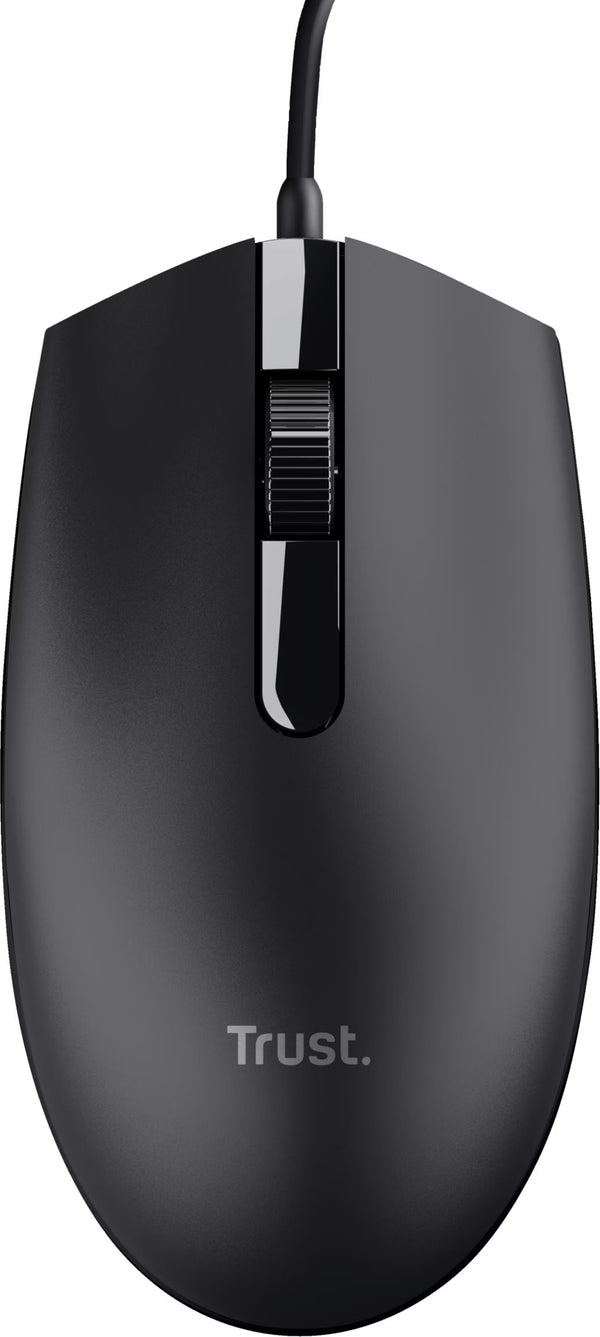 Souris filaire Trust Basi noire, vue de dessus avec câble