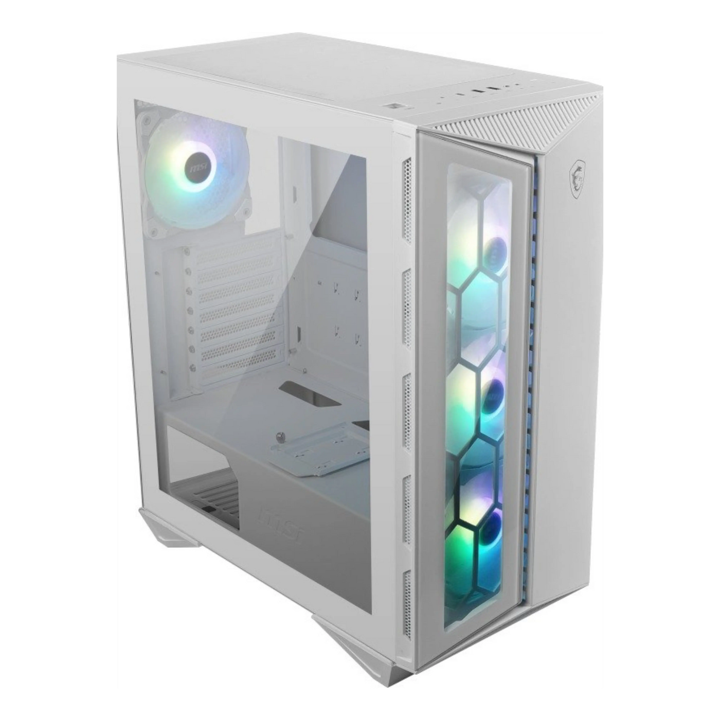 Boîtier PC Gamer MSI 110R Blanc avec panneau latéral transparent et mesh hexagonal RGB
