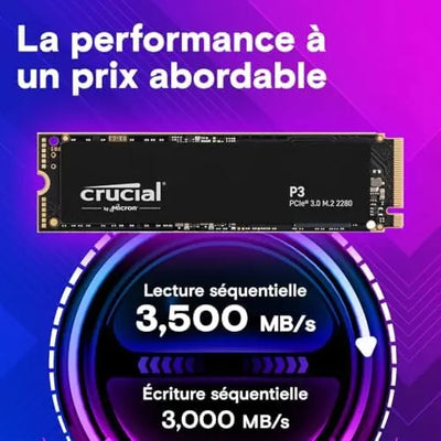 SSD Crucial P3 2 To PCIe Gen3 NVMe noir sur fond violet dégradé