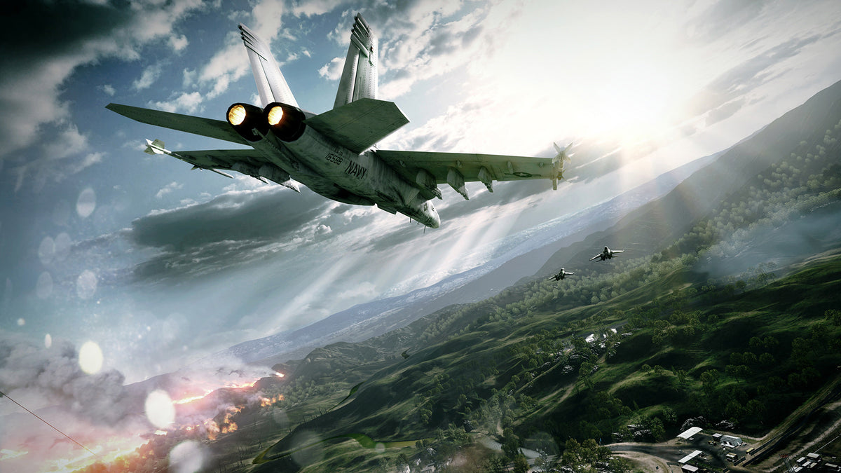 Un avion de chasse fond sur la vallée dans Battlefield 3 sur PC