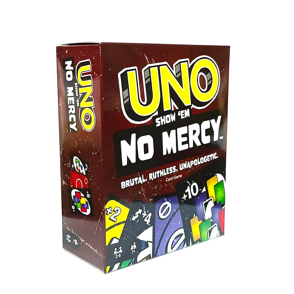 Boîte Uno No Mercy, design bordeaux foncé avec lettres jaunes et blanches