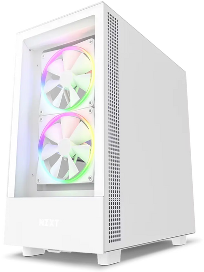 NZXT H5 Elite Blanc avec deux ventilateurs arc-en-ciel visibles