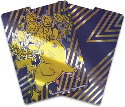 Pikachu jaune vibrant orné de gemmes hexagonales et éclairs, fond bleu EV08 Pokémon