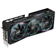 Carte graphique Gigabyte GeForce RTX 5070 Ti Aorus Master noire à trois ventilateurs avec LED teal et violet