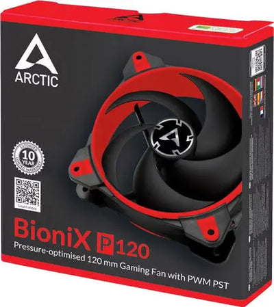 Ventilateur gaming Arctic BioniX P120 rouge et noir, design angulaire élégant
