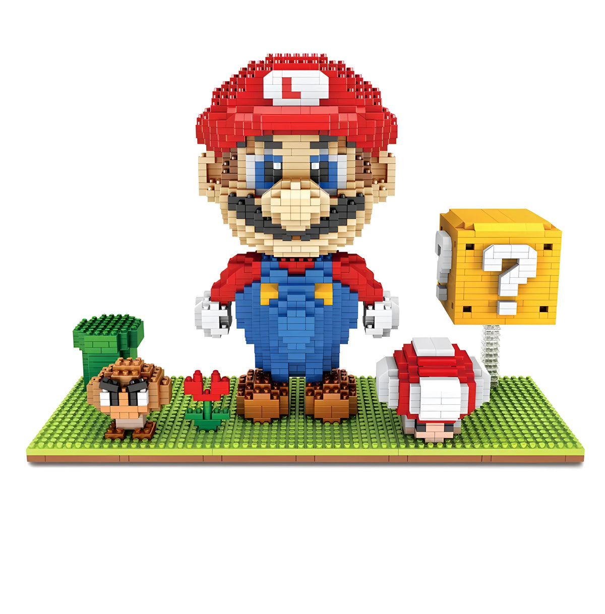 Figurine Mario Lego style pixélisée rouge et bleue avec casquette L rouge, Bricks Super Mario Bros
