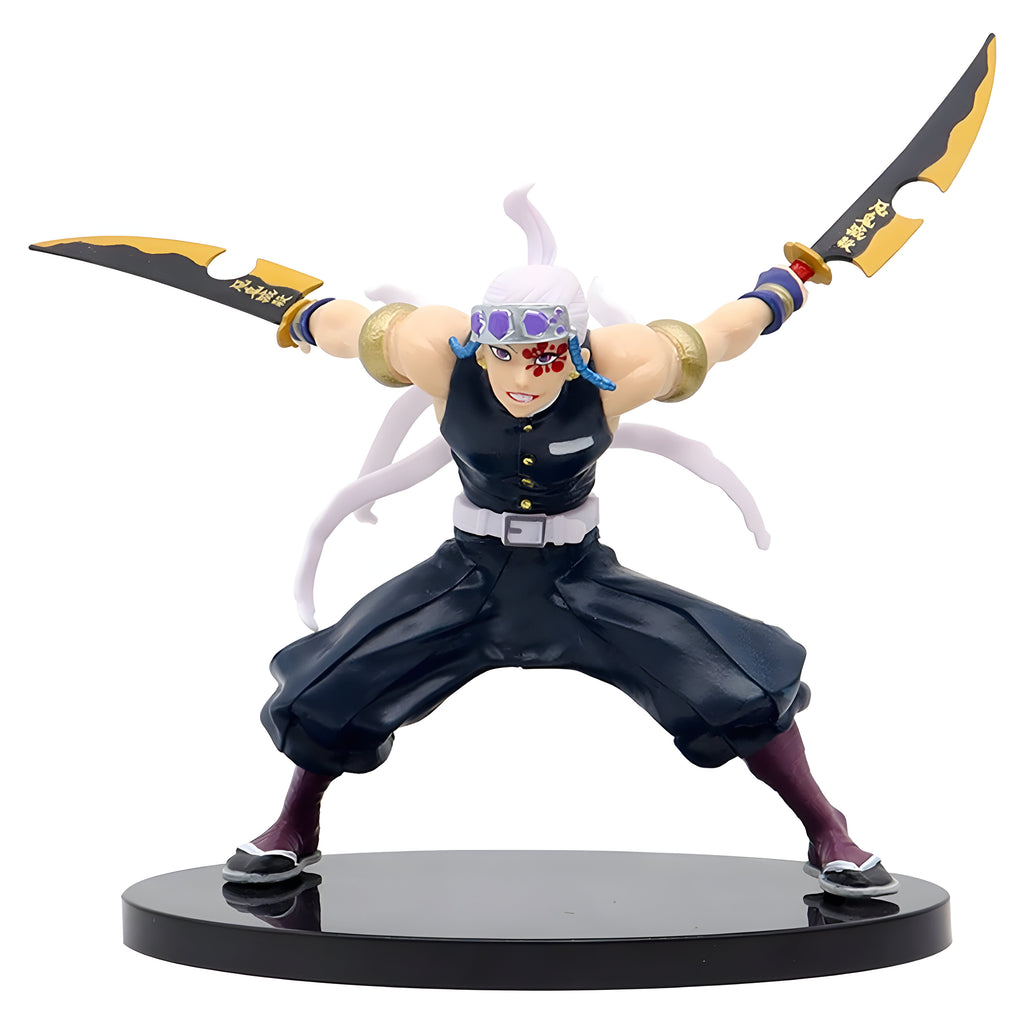 Figurine Demon Slayer Tengen Uzui épéiste noir et or aux cheveux blancs