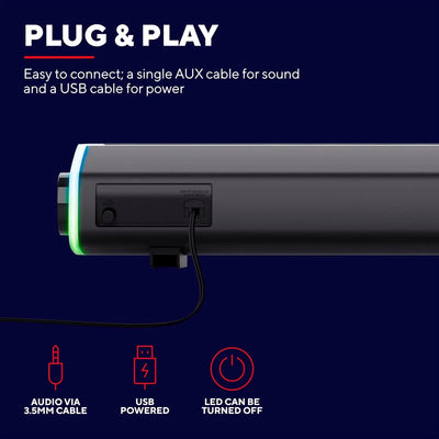 Barre de son gaming Trust G620 noire, LED verte, câbles AUX/USB
