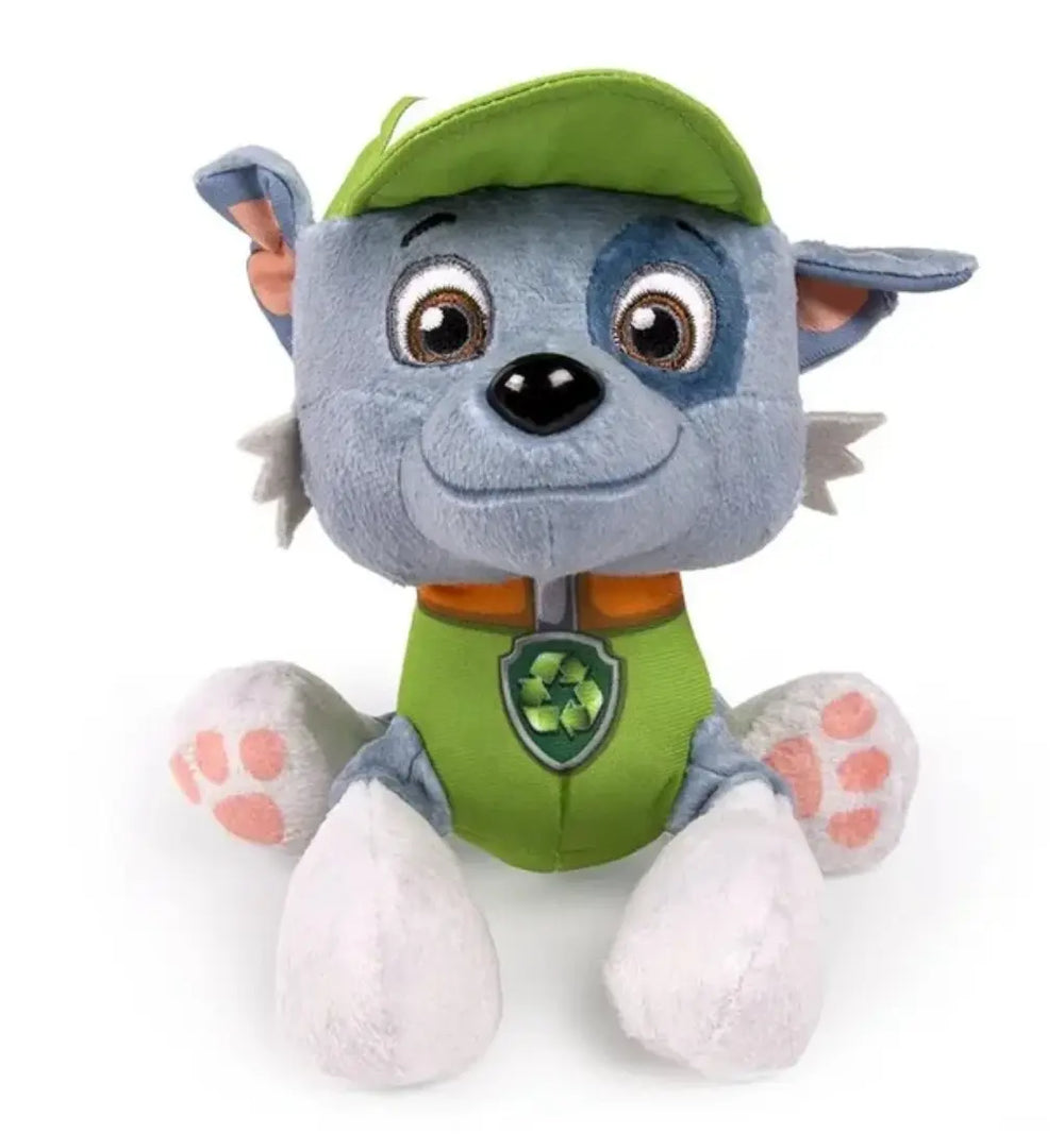 Peluche Rocky Paw Patrol, chiot gris 23 cm en casquette verte
