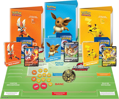 Jeu de société Pokémon Académie de Combat 2e édition avec plateaux et decks colorés