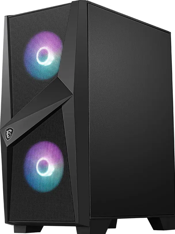 Boîtier PC gaming MSI MAG FORGE 100R NOIR noir angulaire avec ventilateurs RGB violet bleu turquoise