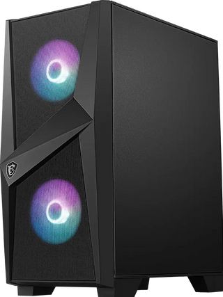 Boîtier PC gaming MSI MAG FORGE 100R NOIR noir angulaire avec ventilateurs RGB violet bleu turquoise