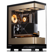 Boîtier Phanteks noir et or brossé PC Gamer Streaming Pro, composants internes éclairés orange