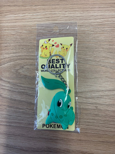 Porte-clés Pokémon Germinion Chikorita turquoise caoutchouté avec anneau argenté