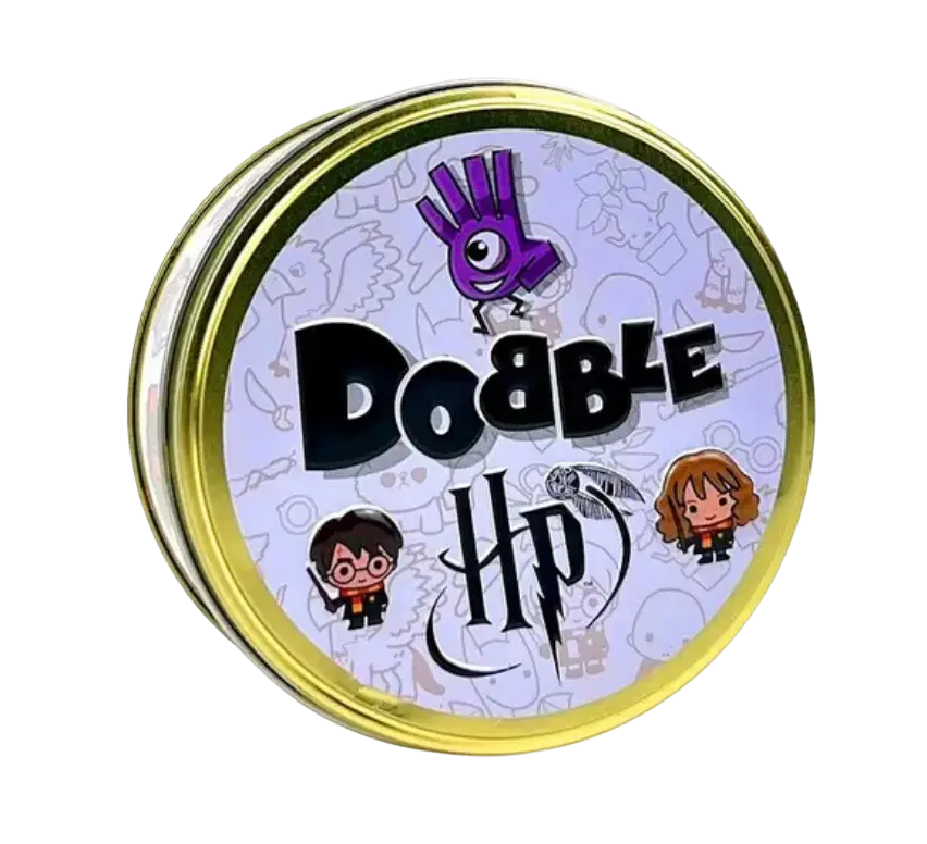 Boîte ronde Dobble Harry Potter édition avec main violette cartoon et rim doré
