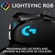 Souris gaming Logitech G502 HERO noire avec logo G bleu luminescent et RGB