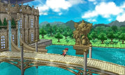 Personnage rouge court sur pont doré orné dans scène pixel art Pokémon X 3DS